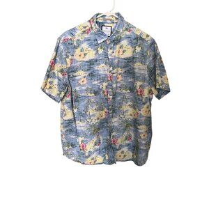 Mens Hawaain Shirt XL Denim & Flower Ricky Singh Tropical Vacation Resort Cruise